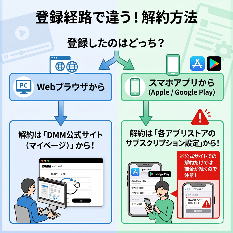 DMM TVの登録経路別の解約方法。Webブラウザ登録なら公式サイトから、スマホアプリ登録なら各アプリストアから解約する